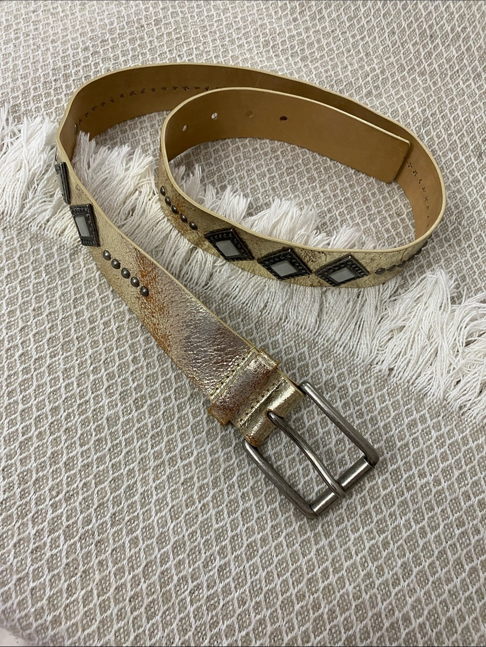 Another Line Inc. Italian Leather Metallic Gold Belt with Stud & Diamond Accents